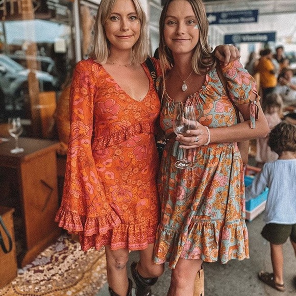 Boho Orange floral print Puff Sleeve ruffle Hem Mini Dress - Picture 3 of 9